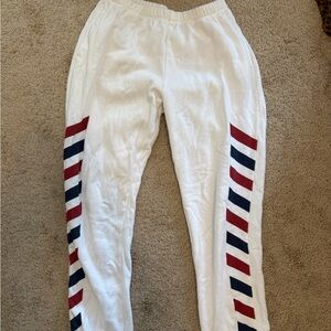 White Joggers with Red and Blue Stripes